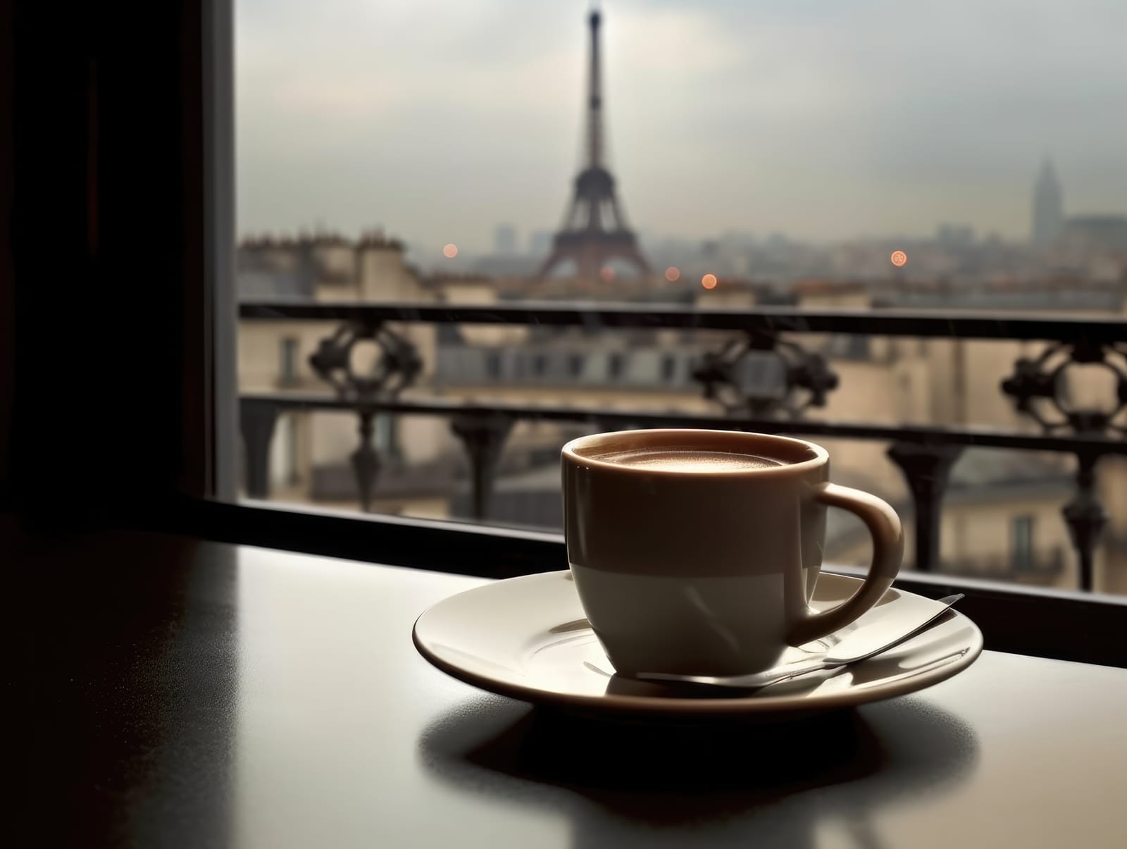 53689608 a black cup of coffee by the window in front of the eiffel tower in paris in the style of dreamy generative ai