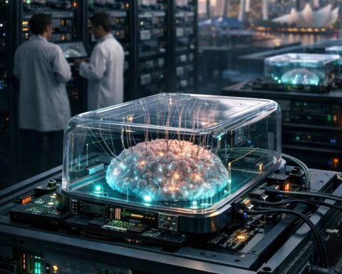 An artist's impression of a future biological data centre, in which living neural cultures are maintained inside controlled chambers and connected to electronic computing systems