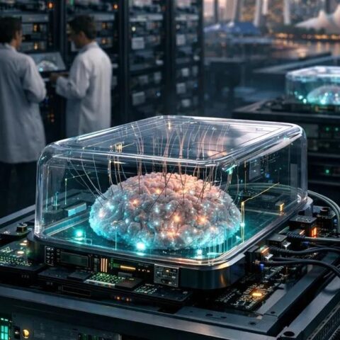 An artist's impression of a future biological data centre, in which living neural cultures are maintained inside controlled chambers and connected to electronic computing systems