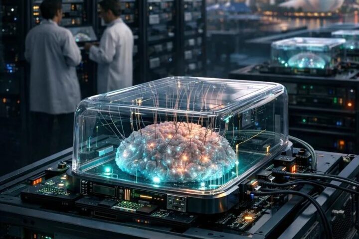An artist's impression of a future biological data centre, in which living neural cultures are maintained inside controlled chambers and connected to electronic computing systems