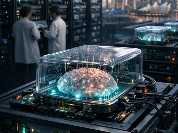 An artist's impression of a future biological data centre, in which living neural cultures are maintained inside controlled chambers and connected to electronic computing systems