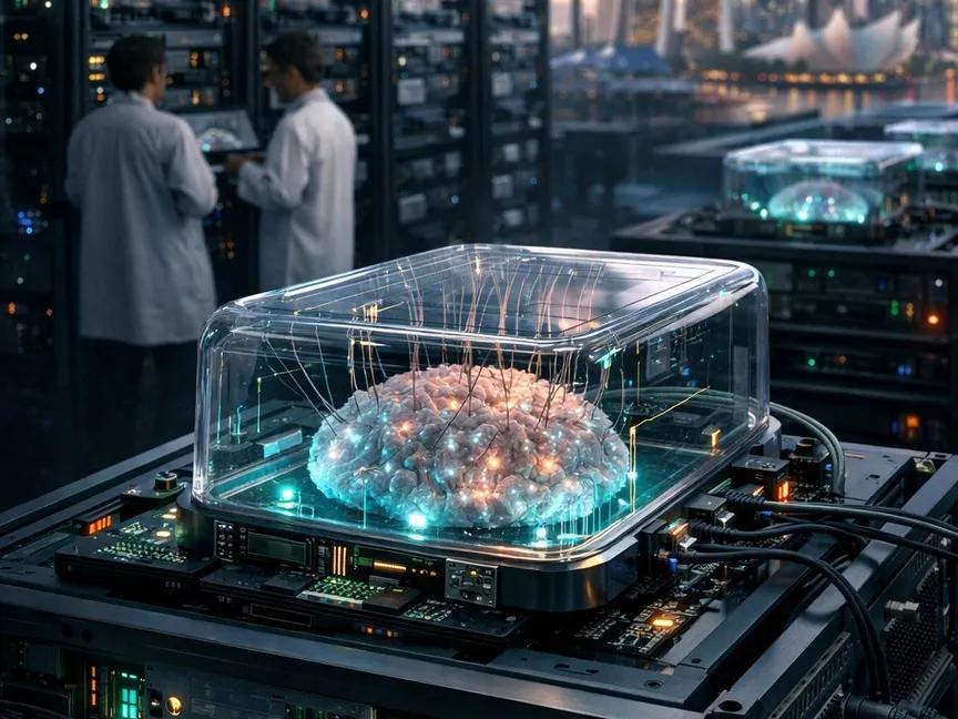 An artist's impression of a future biological data centre, in which living neural cultures are maintained inside controlled chambers and connected to electronic computing systems