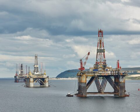 78050148 offshore oil rig drilling platforms off the coastline near invergordon in scotland