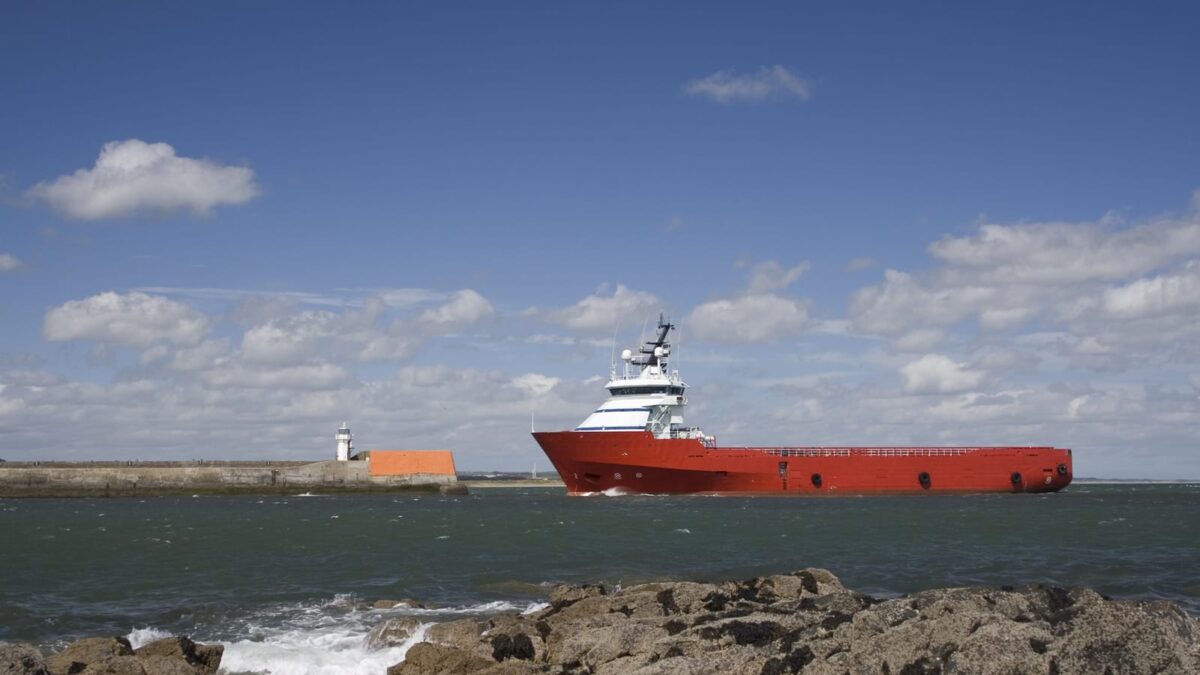 Oil vessel returning to Aberdeen Harbour, Scotland