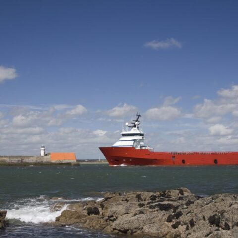 Oil vessel returning to Aberdeen Harbour, Scotland