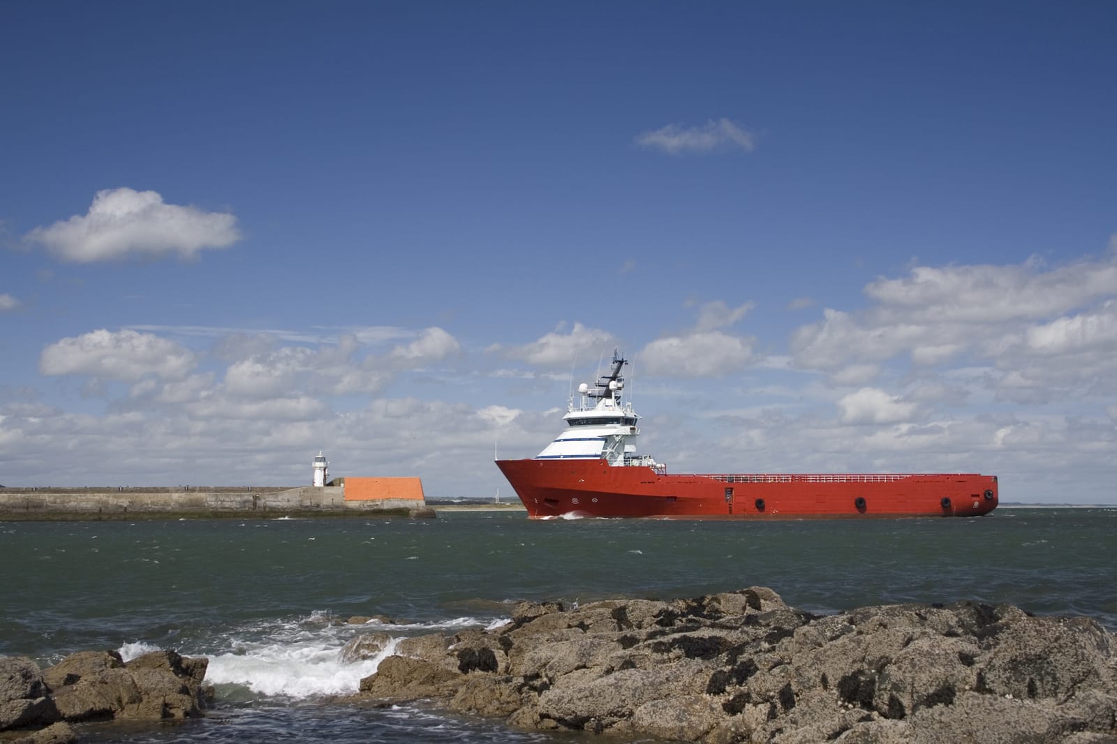 Oil vessel returning to Aberdeen Harbour, Scotland