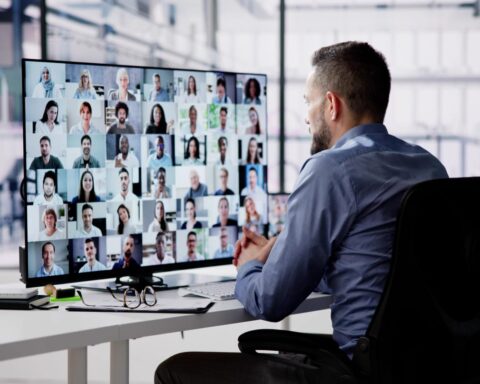 90780906 virtual hybrid meeting in office