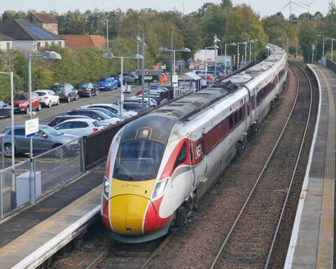 An LNER Azuma passes through Glenrothes with Thornton station on 13 October 2026, photographed from the Main Street bridge scheduled for replacement. Photograph: Bill Roberton /
