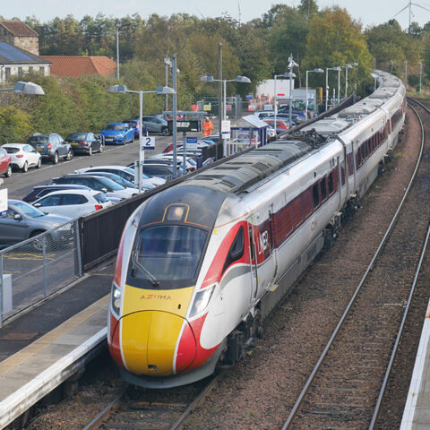 An LNER Azuma passes through Glenrothes with Thornton station on 13 October 2026, photographed from the Main Street bridge scheduled for replacement. Photograph: Bill Roberton /