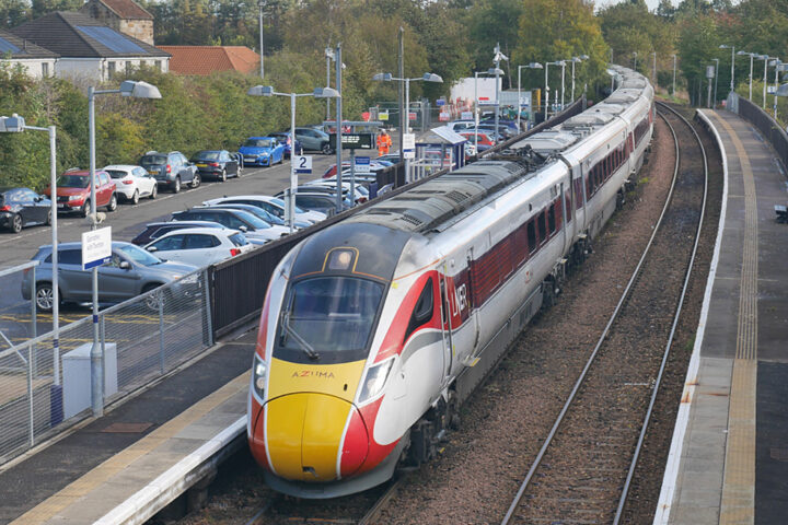 An LNER Azuma passes through Glenrothes with Thornton station on 13 October 2026, photographed from the Main Street bridge scheduled for replacement. Photograph: Bill Roberton /