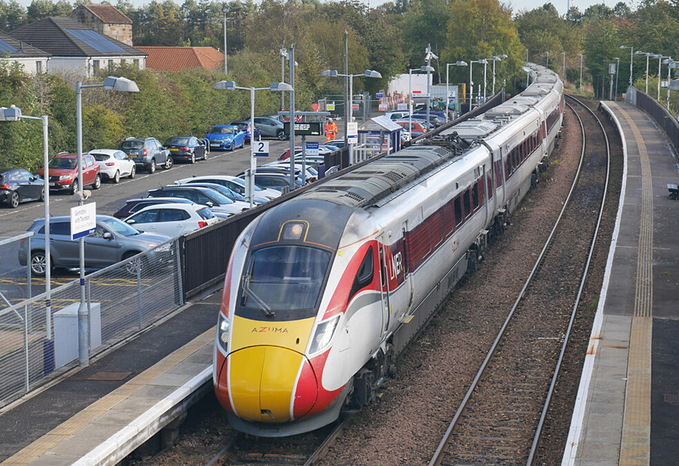 An LNER Azuma passes through Glenrothes with Thornton station on 13 October 2026, photographed from the Main Street bridge scheduled for replacement. Photograph: Bill Roberton /