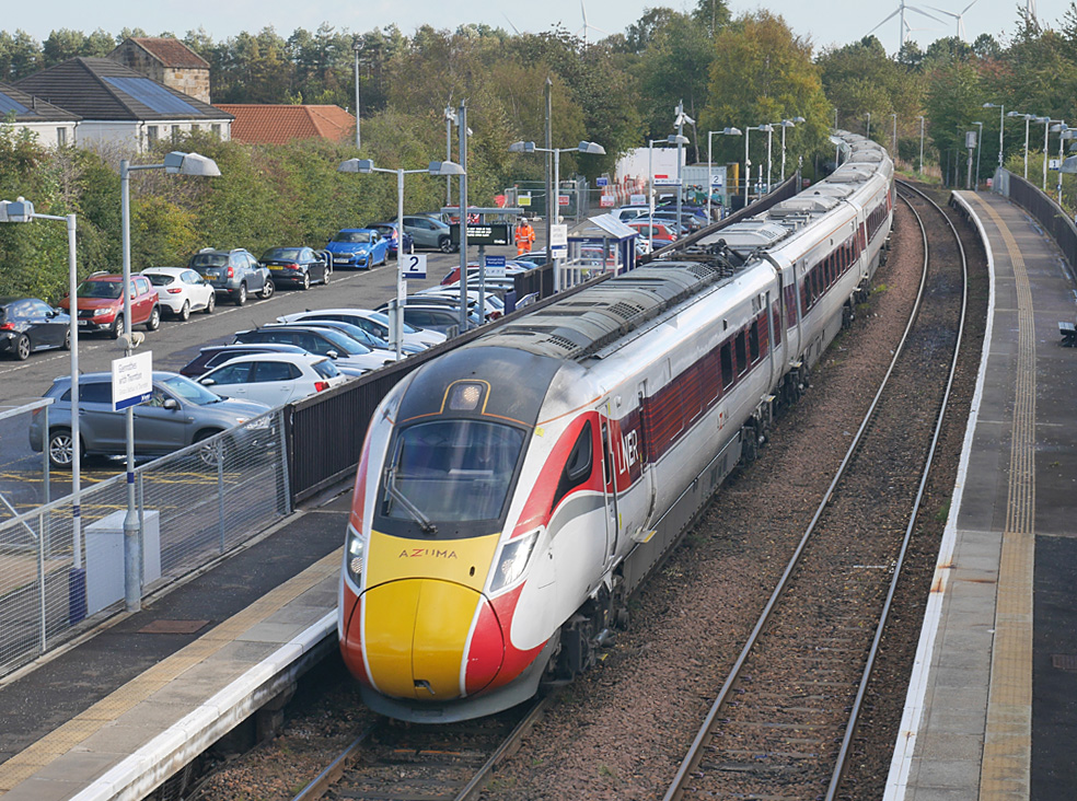 An LNER Azuma passes through Glenrothes with Thornton station on 13 October 2026, photographed from the Main Street bridge scheduled for replacement. Photograph: Bill Roberton /