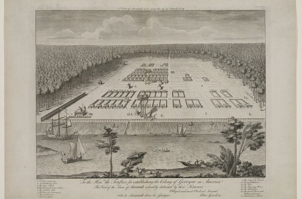 Savannah in 1734, shortly before Scottish settlers including Patrick Tailfer emerged as leaders of the Malcontents, the colonial faction campaigning for changes to Georgia’s land